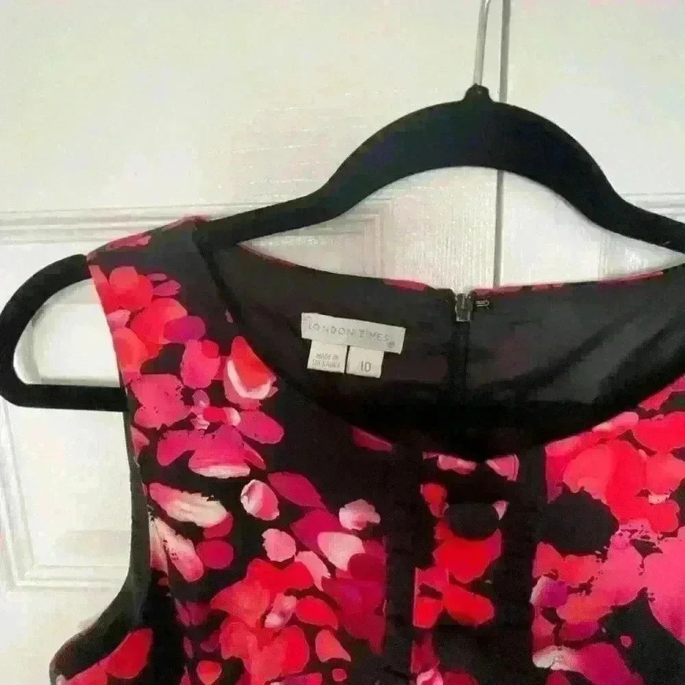 London Times black, red, pink flowery dress, size 10.